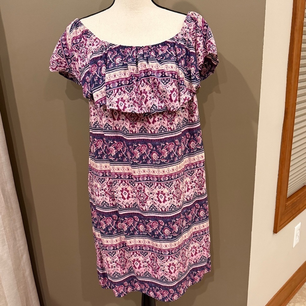 beach lunch lounge women's boho midi dress, Ruffle neck & sleeve, Size Large